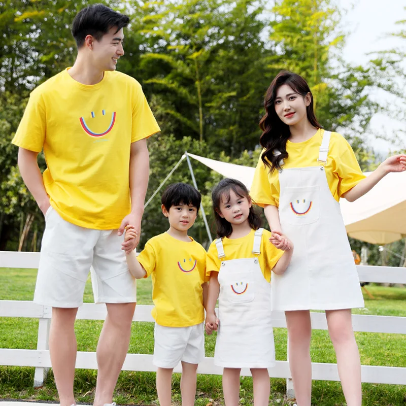 Mother Daughter Family Set Mom Dad Son Family Look Matching Clothes Matching Outfits Strap Dress Sets Cotton Shirts Summer Tees