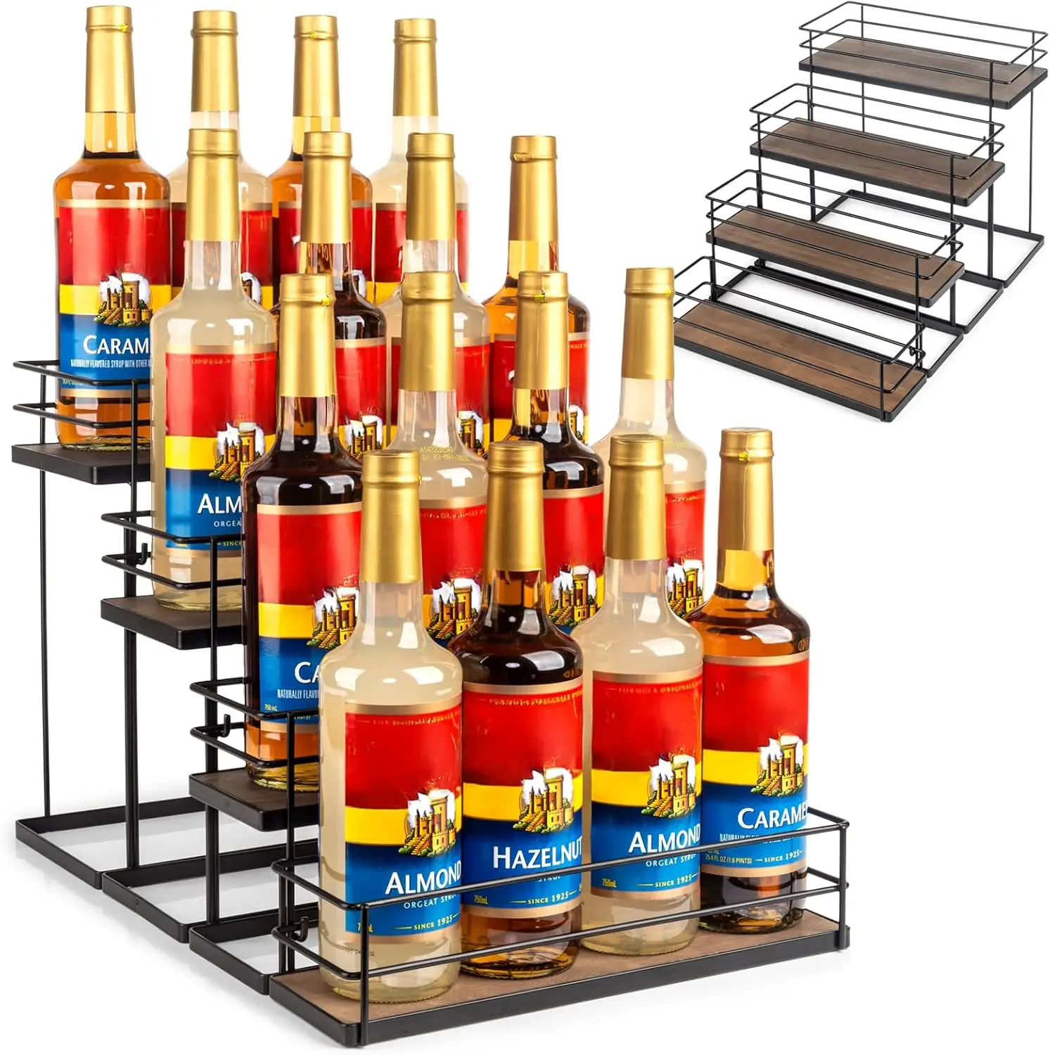 

4-Tier Coffee Syrup Organizer with Adjustable Shelves, Holds 16 Bottles for Kitchen Bar Storage