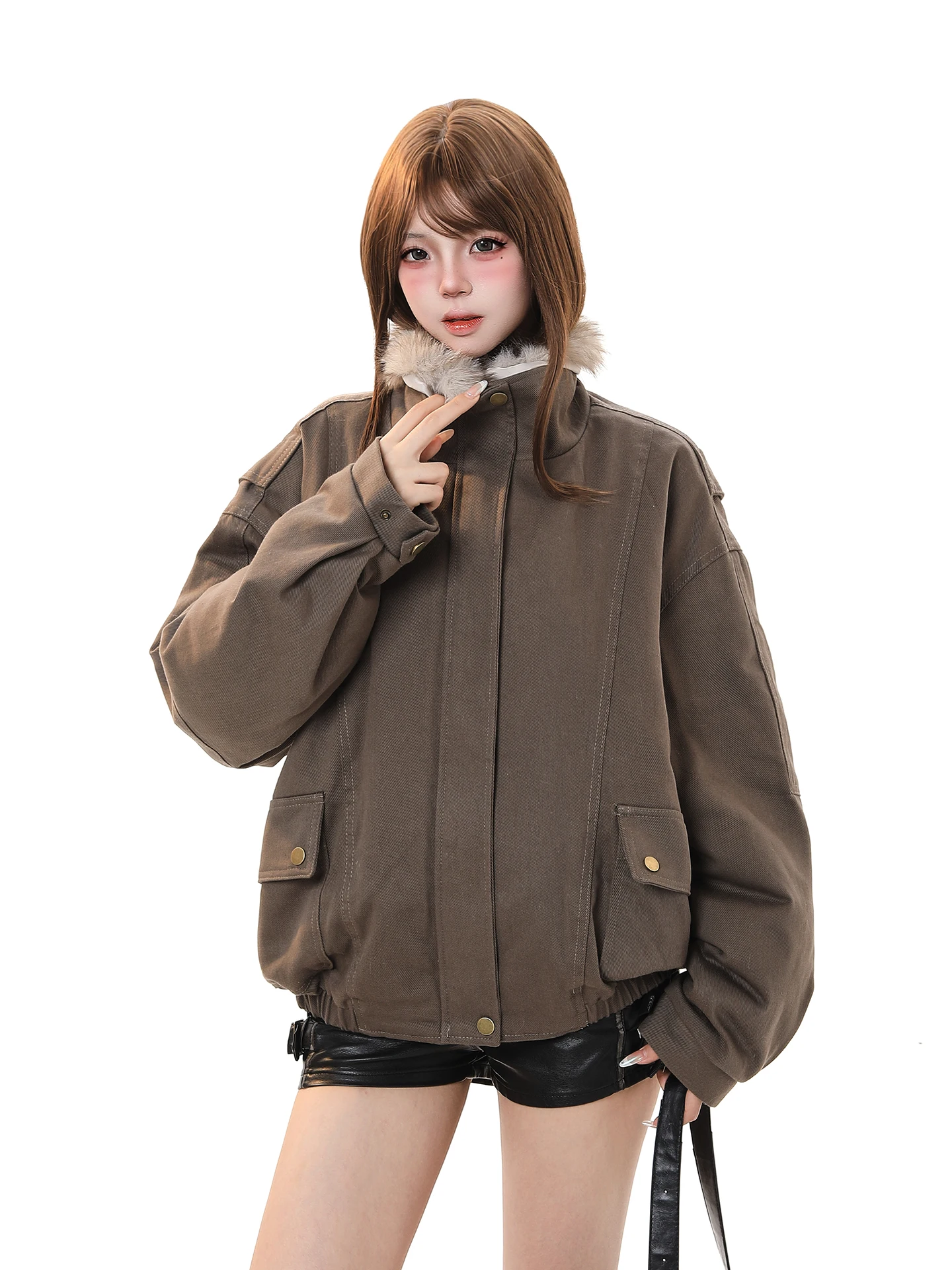 Women's Fur Collar down Jacket Thickened Loose Coat Warm Commuter Style Zipper Closure Long Sleeve Pure Color Winter Coat