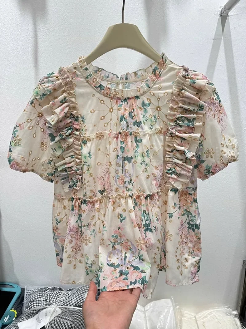 2024 New Korean Version of French Ruffle Leaf Edge Premium Bubble Sleeve Floral A-Line Short-Sleeved Shirt Top For Women