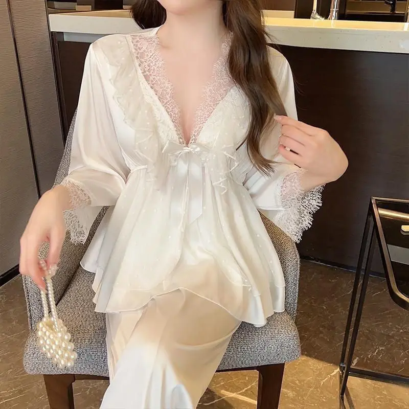 New Style of Sleepwear with Lace and Pure Desire for Style Sexy Lace Sleepwear Long Pants Home Wear Two-piece Set Trendy