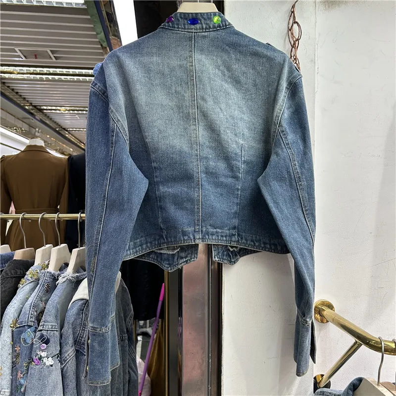 Early spring new heavy industry nail bead three-dimensional flower retro versatile slimming short denim women's jacket