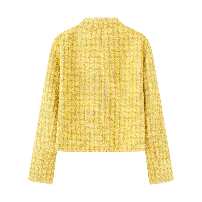 KEYANKETIAN 2026 Autumn French Elegant Tweed Jacket Women Round Neck Fringe Trim Cropped Coat Metal Buttons Pocket Outerwear