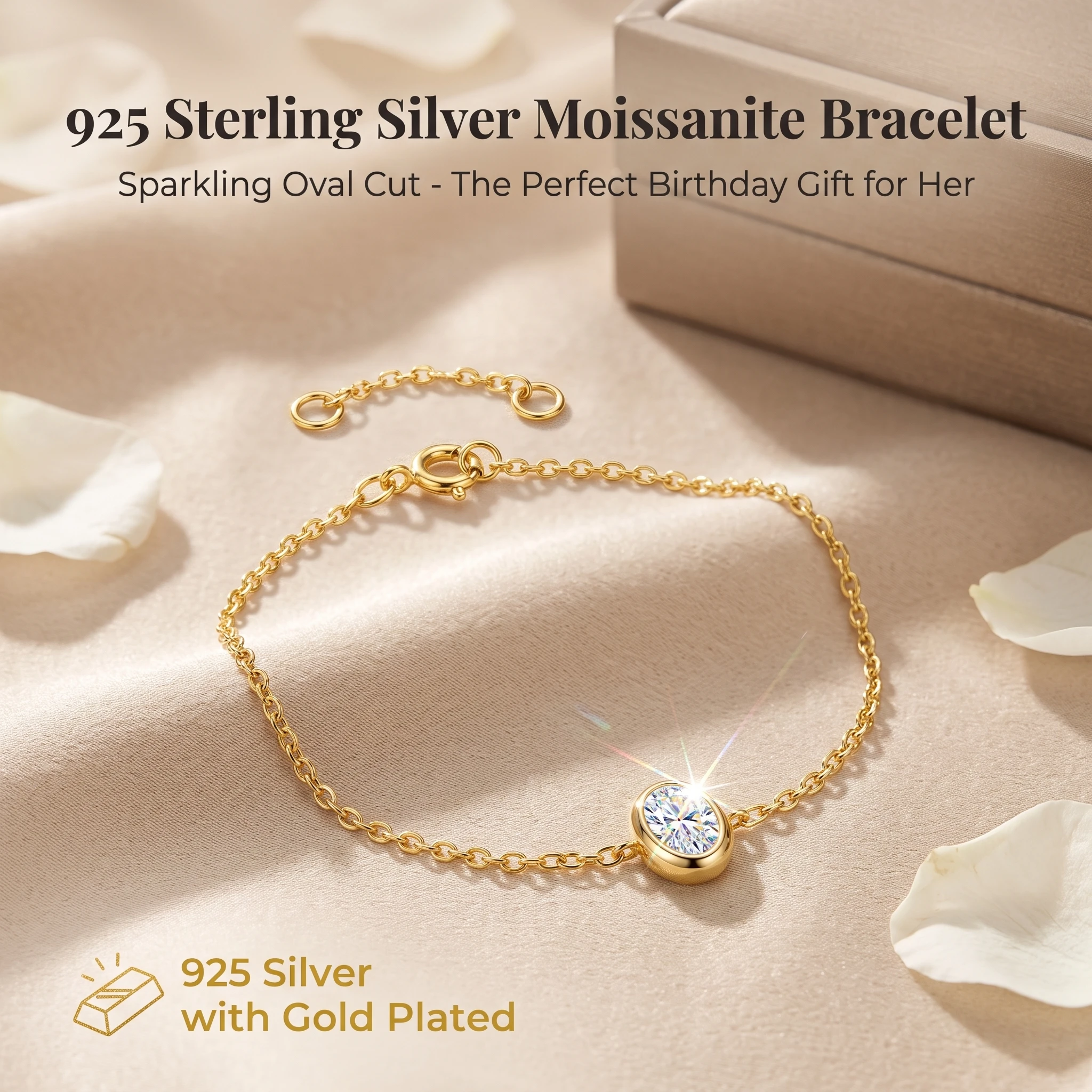S925 Sterling Silver Gold Plated Bracelet D Color Oval Cut Moissanite Bracelet Adjustable Chain Women Daily Fine Jewelry GRA