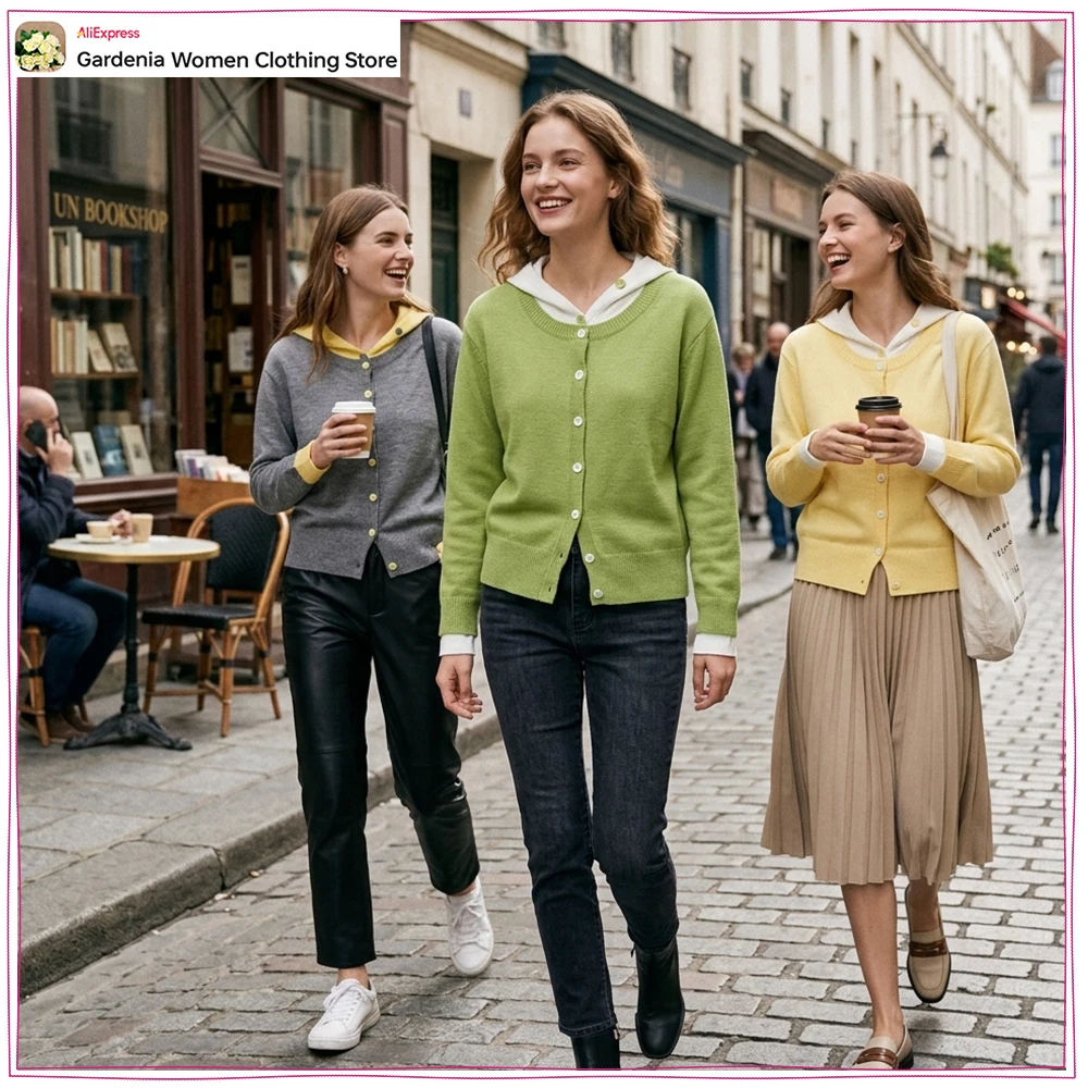 

Spring & Autumn Contrasting Knit Hoodies for Women Stylish 2-in-1 Long Sleeve Hooded Knit Cardigan with Contrast Buttons & Cuffs