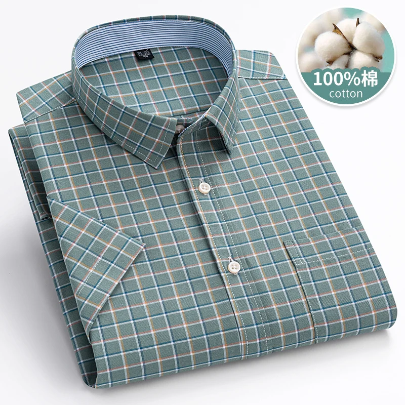 6XL-7XL 2024 New Men's Summer Oxford Cotton Shirt Short Sleeve Casual Classic Checkered Stripe Home Youth Top Large Size 105KG
