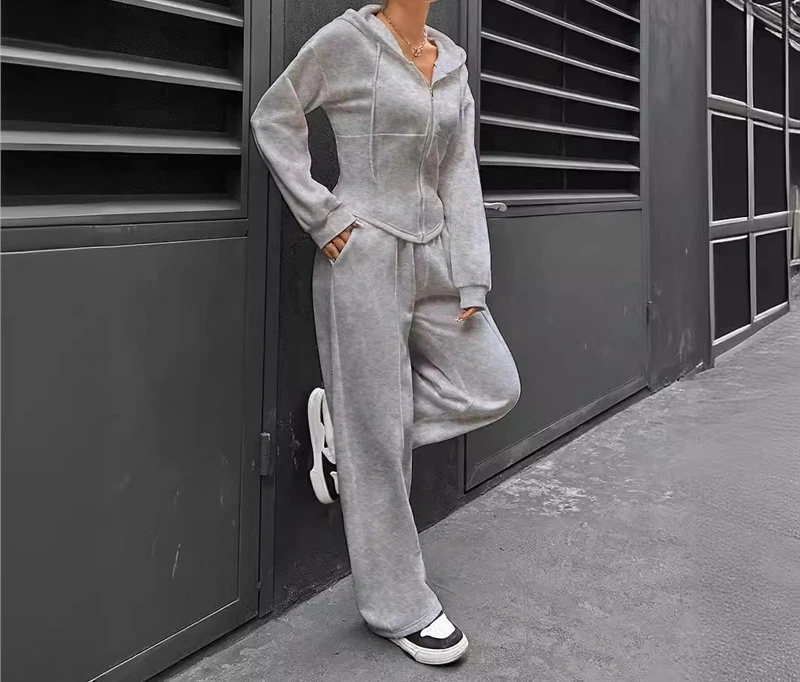 2025 Autumn and Winter Women's Hooded Cardigan Slim Fit Hoodie Casual Wide Leg Pants Two-piece Set
