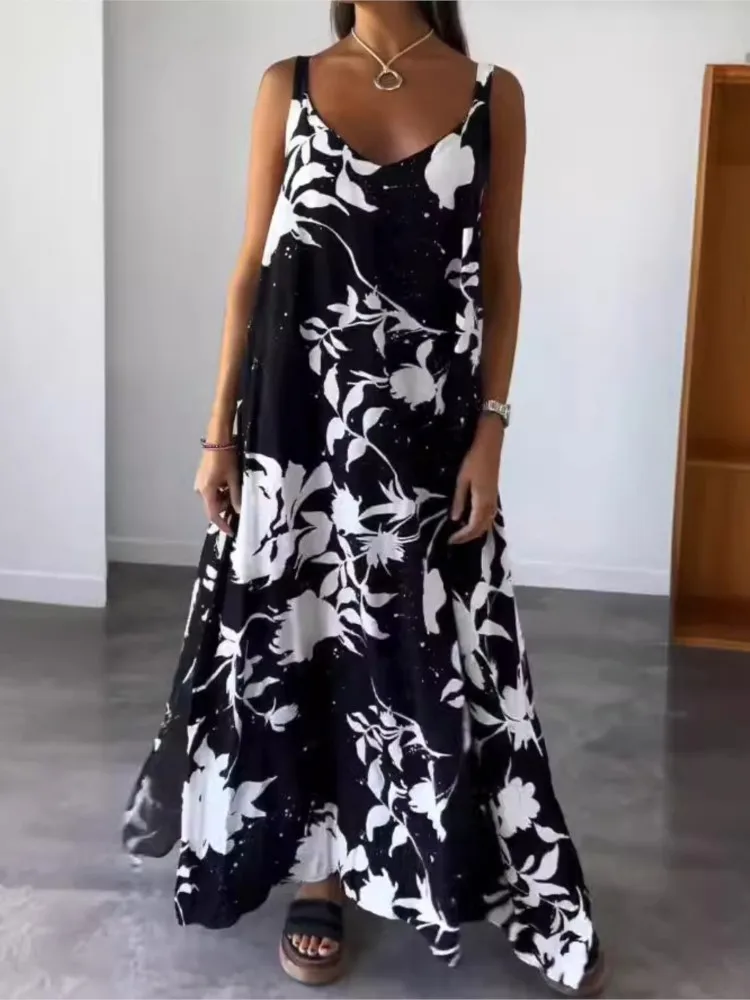 

Fashion 2025 Summer Women Backless Dresses V Neck Vintage Printed Casual Loose Sleeveless Femme Dresses Holiday Party Vestidos