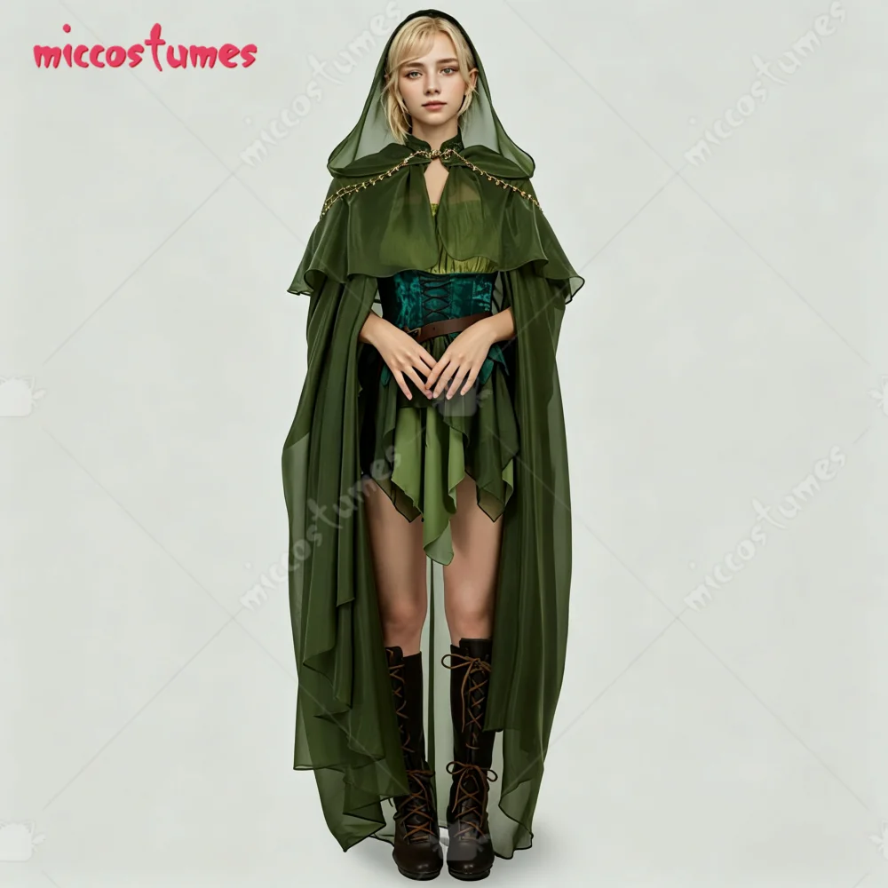 EU-Lagerbestand Miccostumes Mittelalterliches Elegantes Prinzessinnen-Elfen-Cosplay-Kostüm für Damen, Umhang mit Besticktem Satinkragen, Grüner Umhang mit Kapuze