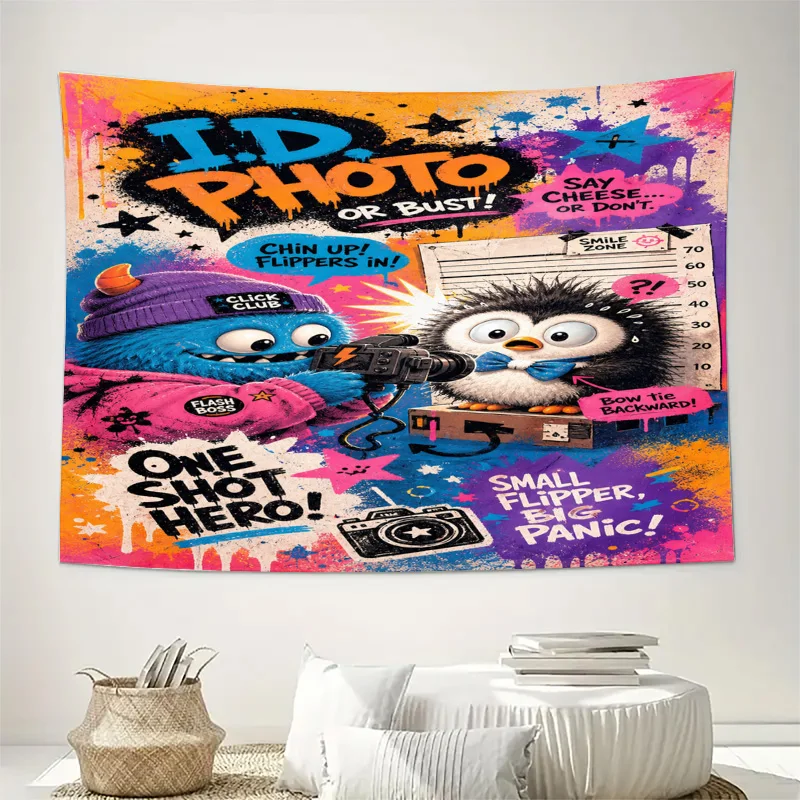 Retro Pop Art Tapestry Wall Hanging Fun ID Photo or Bust Cartoon Decor for Living Room Bedroom Novelty Home Wall Art Poster