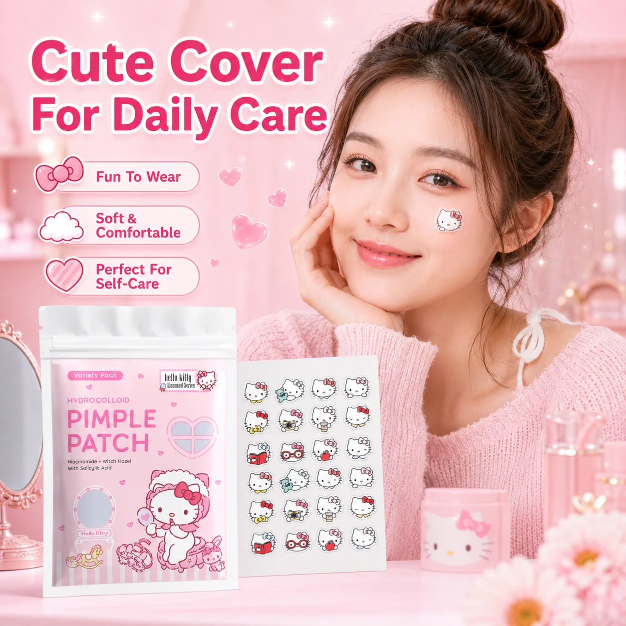 24/72pcs Hello Kitty Hydrocolloid Pimple Patches, Cute Cartoon Acne Spot Stickers, Variety Pack Invisible Blemish Cover, view 5