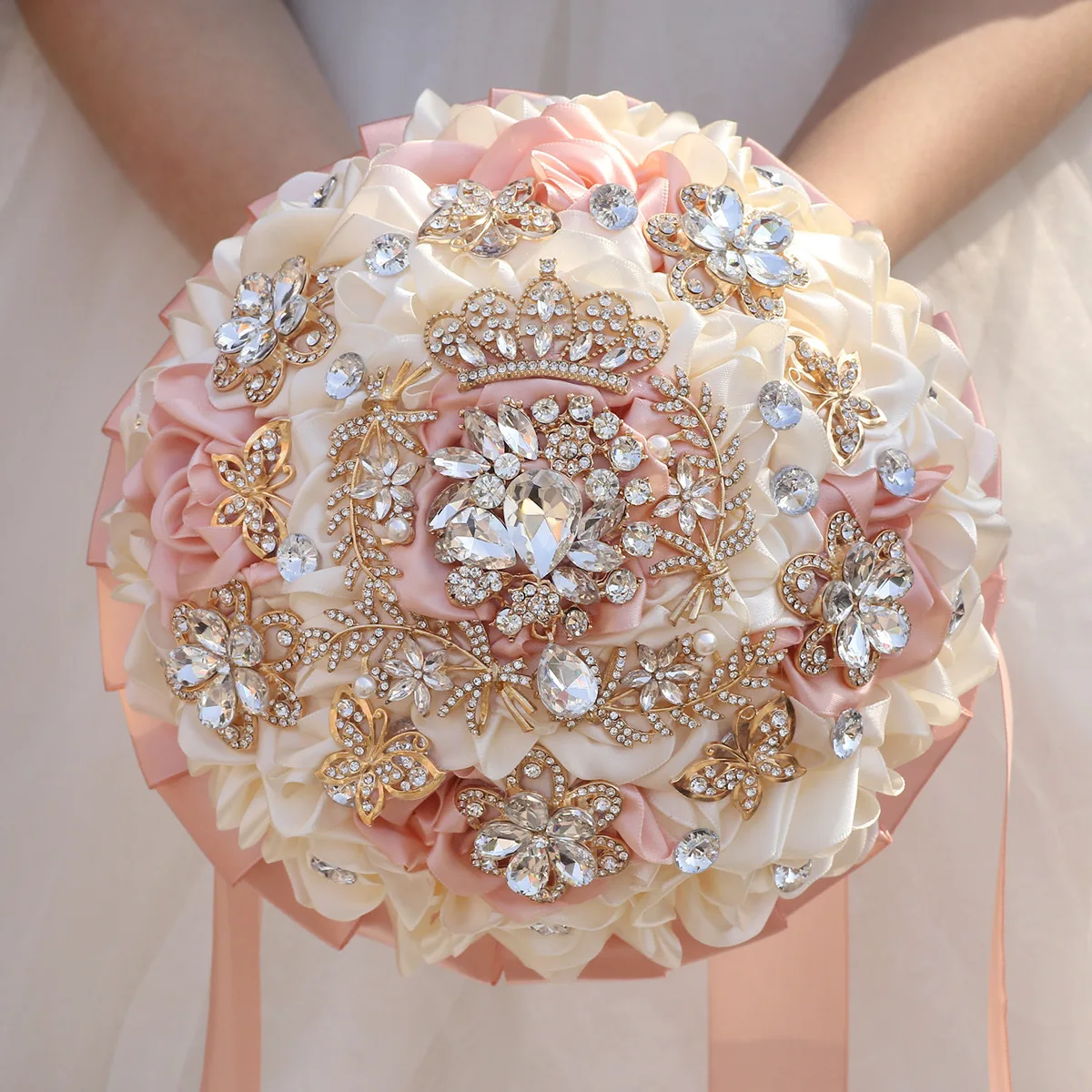 Luxury Champagne Pink Wedding Bouquet with Crown Rhinestones Handmade Satin Rose Flowers Bridal Quinceanera Bouquets