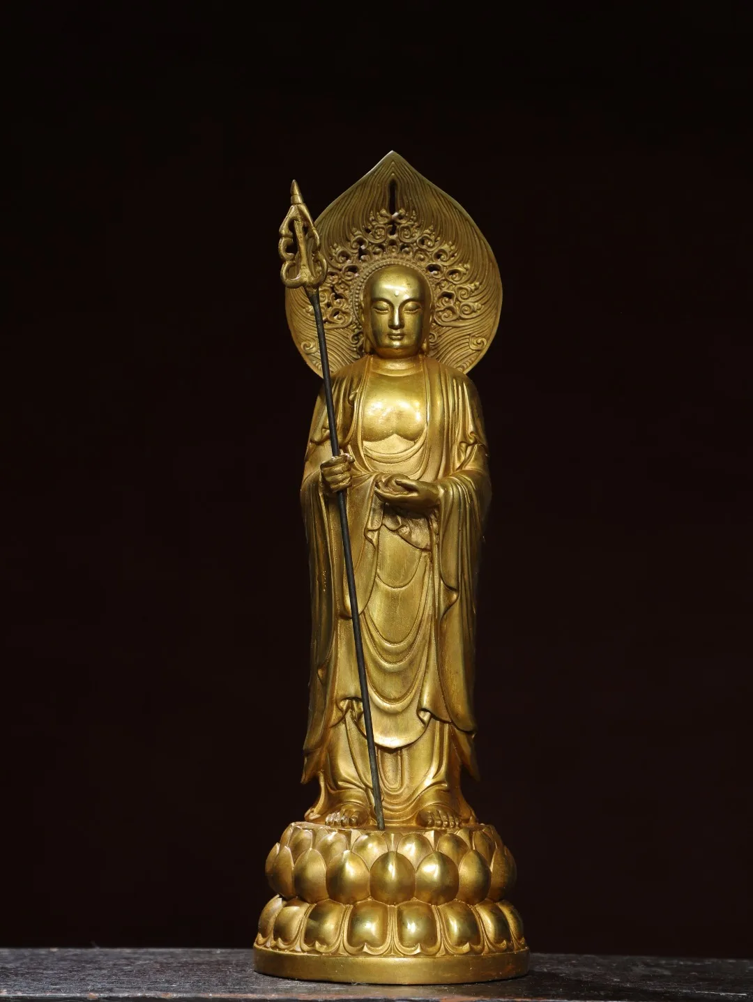 

14"Tibetan Temple Collection Old Bronze Gilded Cinnabar Ksitigarbha Bodhisattva Amitabha Backlight Standing Buddha Worship Hall