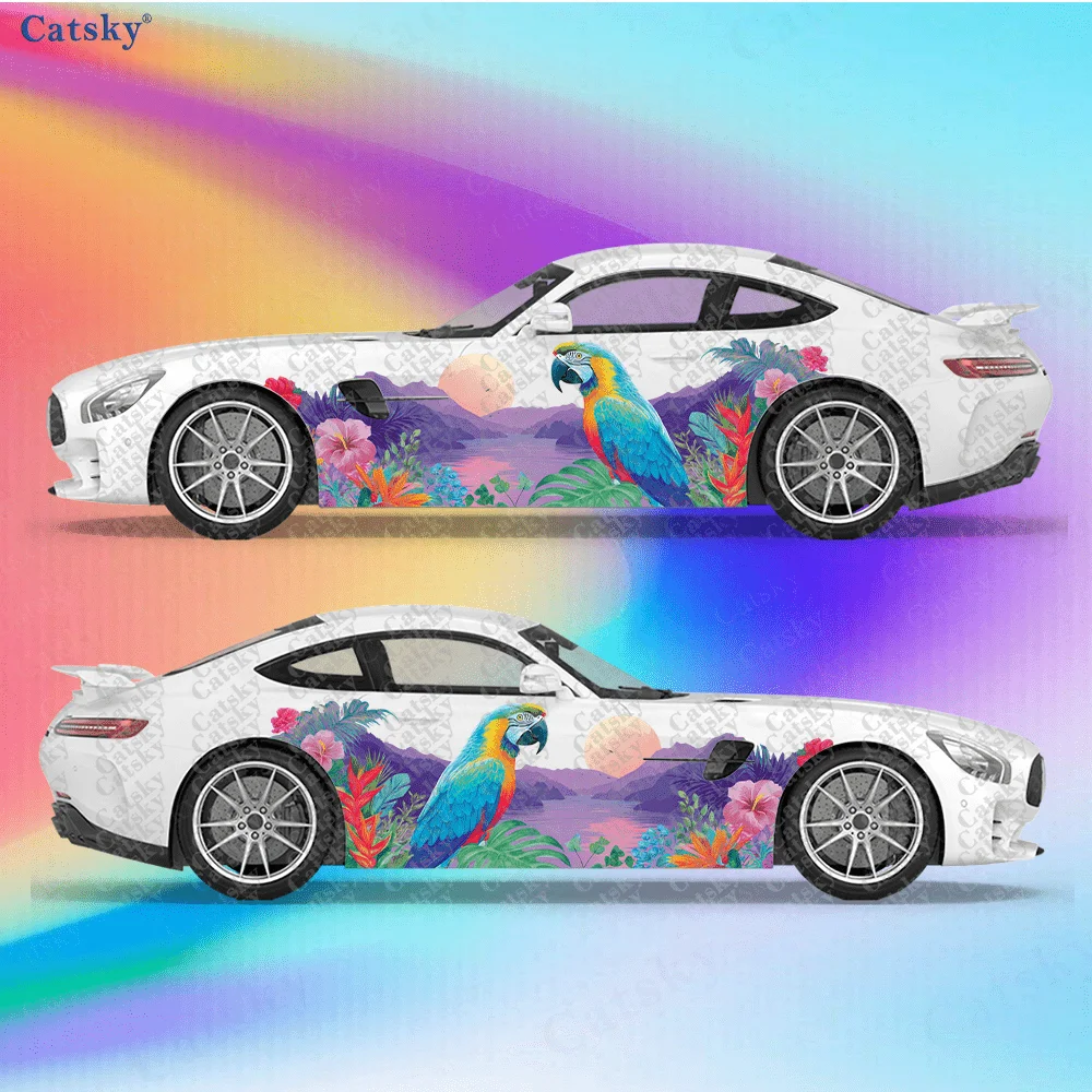 

2pcs Dreamy Landscape Sunrise Parrot Car Side Wrap, Self-Adhesive PVC Waterproof & Scratch-Resistant Sticker, Car Accessory Gift