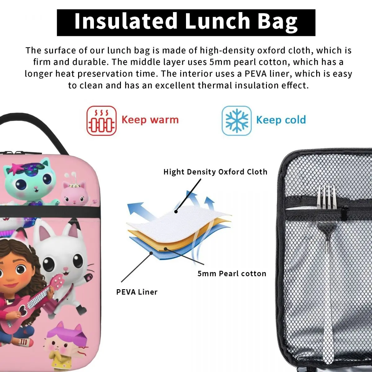 Gabbys Dollhouse Birthday Insulated Lunch Bags Thermal Bag Meal Container High Capacity Tote Lunch Box Food Handbags Picnic