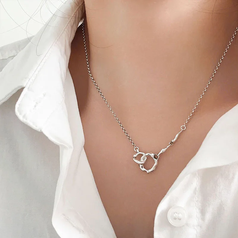 S925 Sterling Silver Nepalese Irregular Necklace with Ring and Loop Interlocks, Popular Versatile Collar Chain for Women