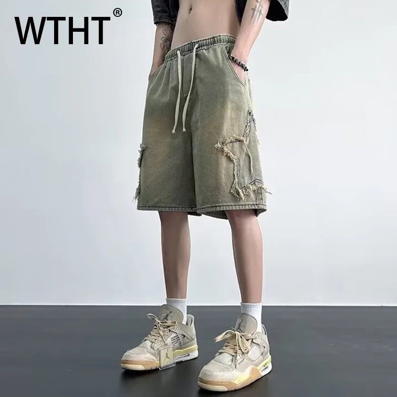 

WTHT винтажные мужские джинсовые шорты с градиентом в стиле пэчворк, модные летние шорты 2025 года, повседневные прямые короткие брюки с рисунком, мужские 2A1194