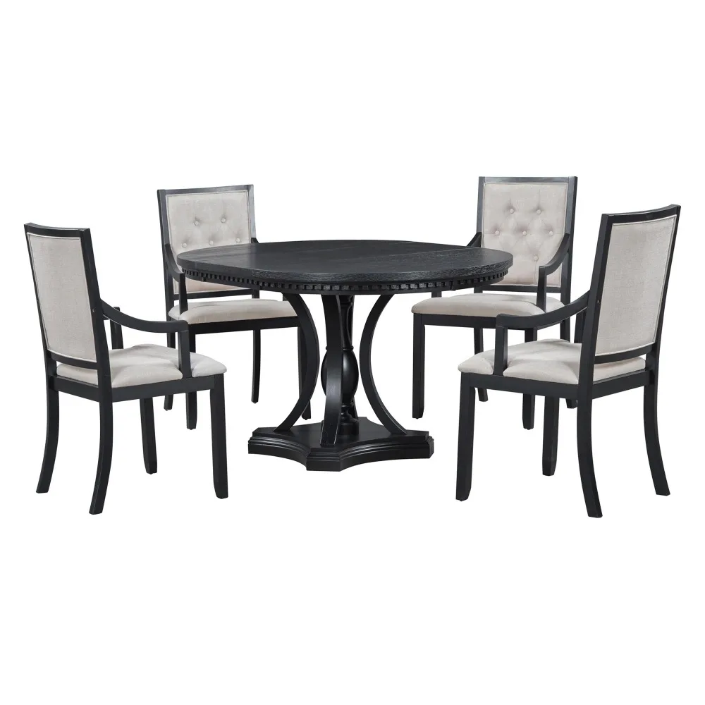 Retro 5-piece Dining Set Extendable Round Table and 4 Chairs for Kitchen Dining Room (BLACK OAK)