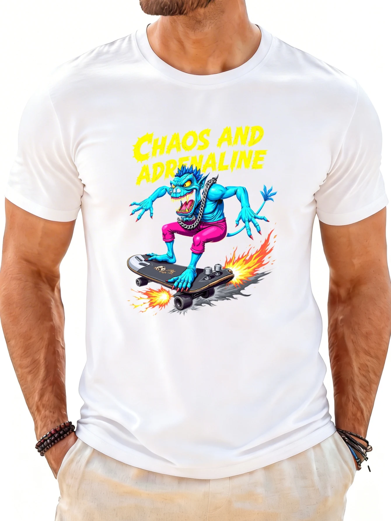Men's Graphic T-Shirt - Breathable, Soft, Lightweight - Chaos and Adrenaline Monster Skateboard - Retro Fun Graphic Casual Short Sleeve Summer Top, a Great Gift for Him