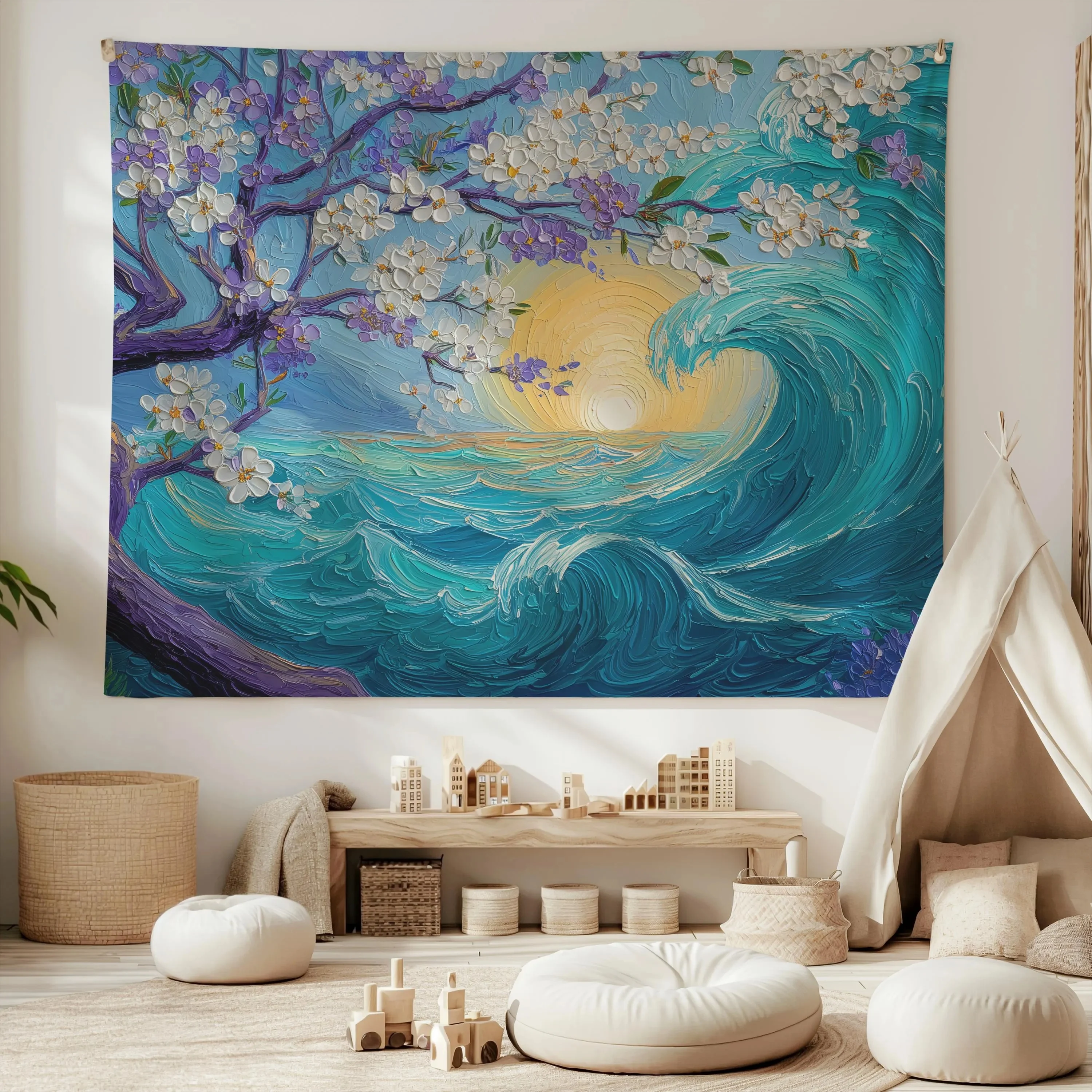 VIKAMA Oil Painting Sakura Wave Tapestry Healing Series Ins Wind Background Cloth Living Room Decoration Room Decoration