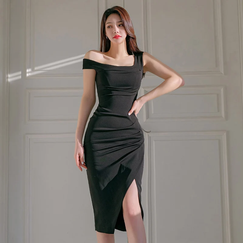 

2023 New Fashion Split Slim Folds Summer Dress Chic Vintage Sleeveless Asymmetrical Black Casual Dress