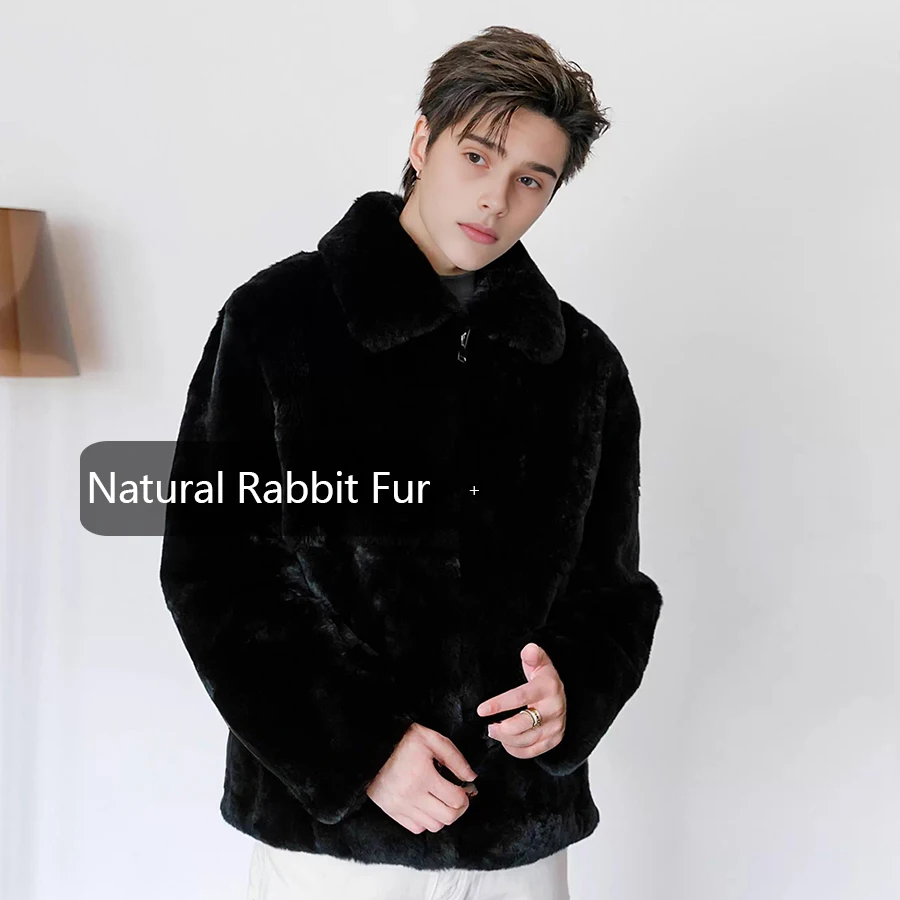 

Men’s Rex Rabbit Fur Jacket With Lapel Black Natural Fur Overcoat With Zipper Furry Jacket High Quality Real Fur Jacket