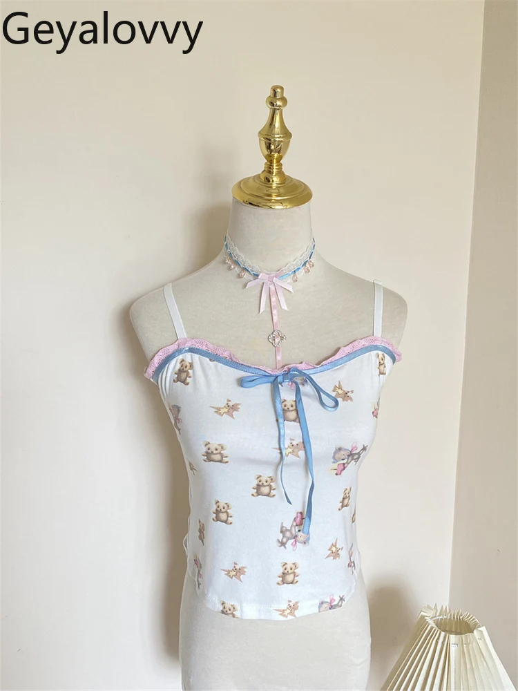 

Princess Style Pure Desire Pink Cartoon Print Vest Summer Versatile Sweet Girls Lace Halter Neck Bowknot Inner Crop Tops