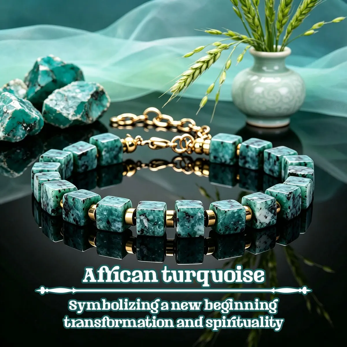African turquoise 6mm cubic bead bracelet, symbolizing a new beginning. Adjustable gold chain. Suitable for both men and women.
