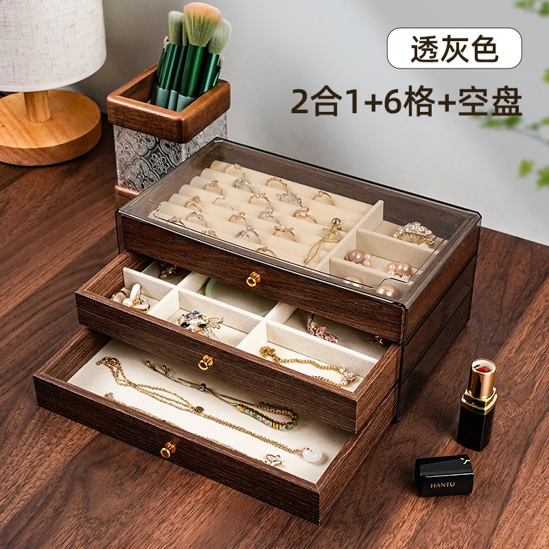 3 Layer Walnut Wooden Drawers Jewelry Box Vintage Style Jewelry Organizer with Acrylic Cover, Jewelry Storage Display Box