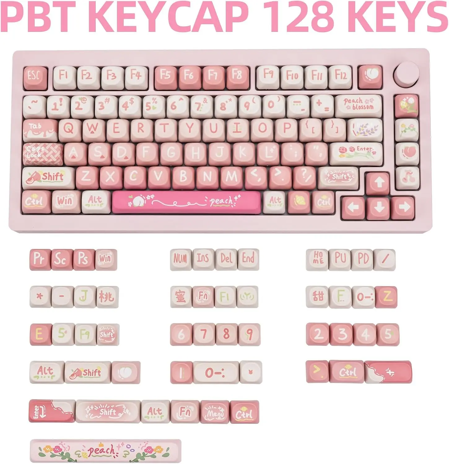 128 Key Peach PBT Keycap Set  MOA Profile Keycaps for for Cherry Gateron MX Switches Mechanical Gaming Keyboard (Pink)