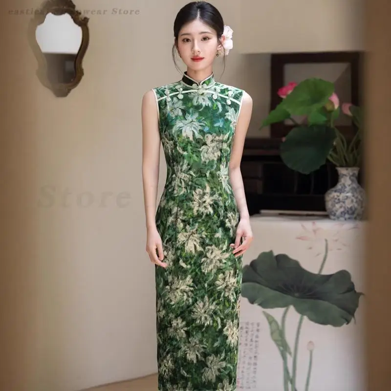 

Vintage Velvet Cheongsam Sexy Sleeveless Elegant Slim Dress Print Flower Qipao Traditional Chinese Dresses Plus Size Vestidos