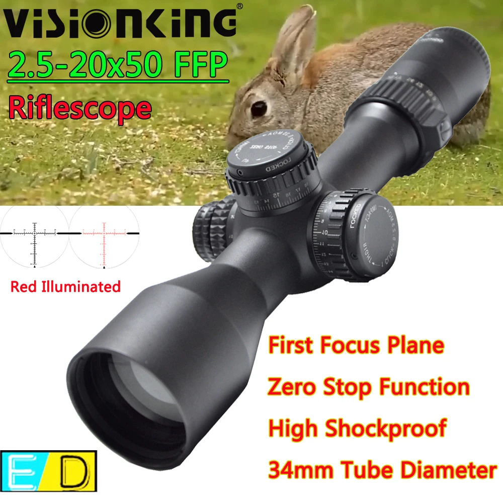 

Visionking ED 2,5-20x50 FFP прицел 0,25 мАА с точечной подсветкой сетка 34 мм трубка тактический снайпер нулевая остановка охотничья оптика прицел