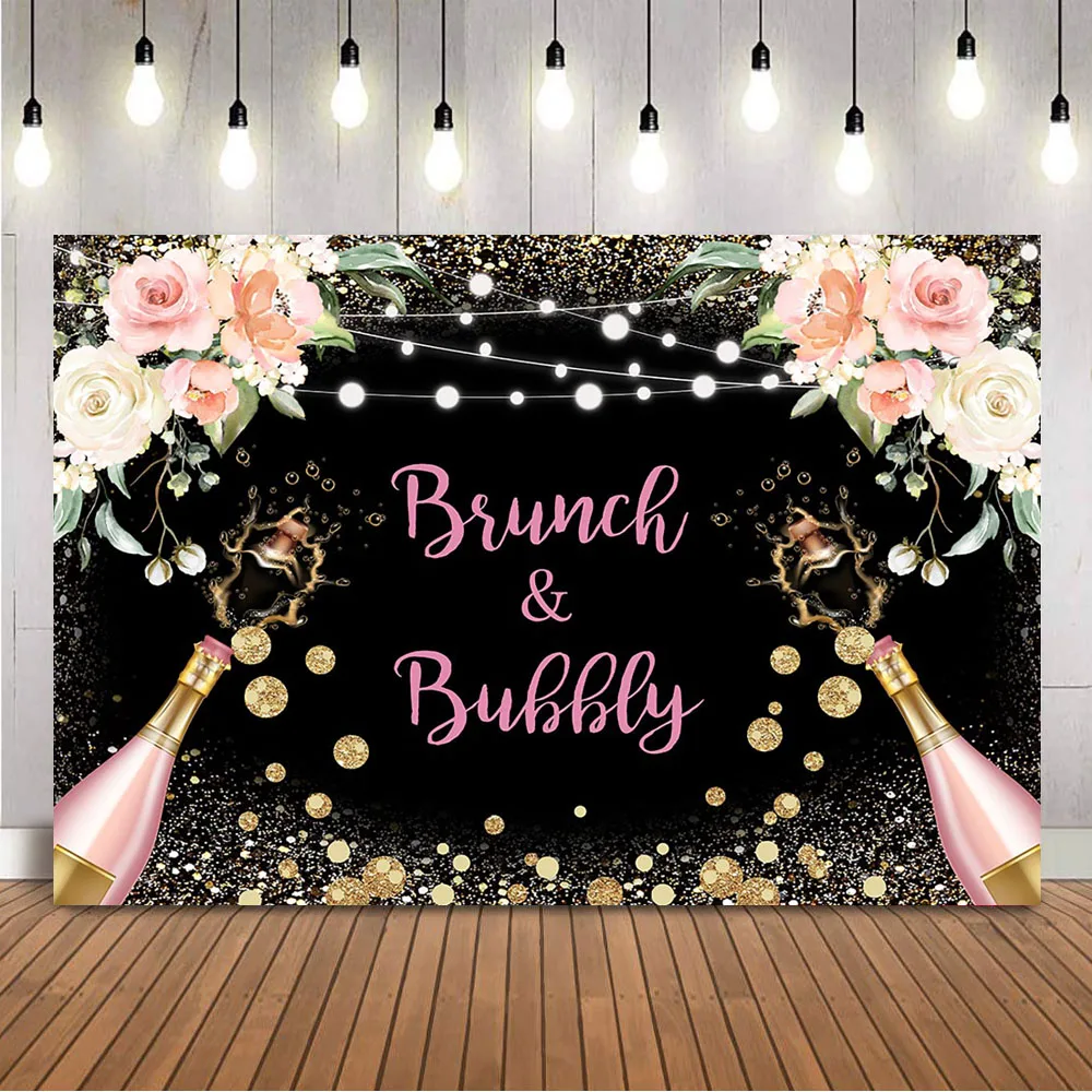 Brunch or Bubbly Wedding Backdrop Pink Flowers Gold Glitter Dots Background for Photo Props Champagne Bridal Shower Photocall