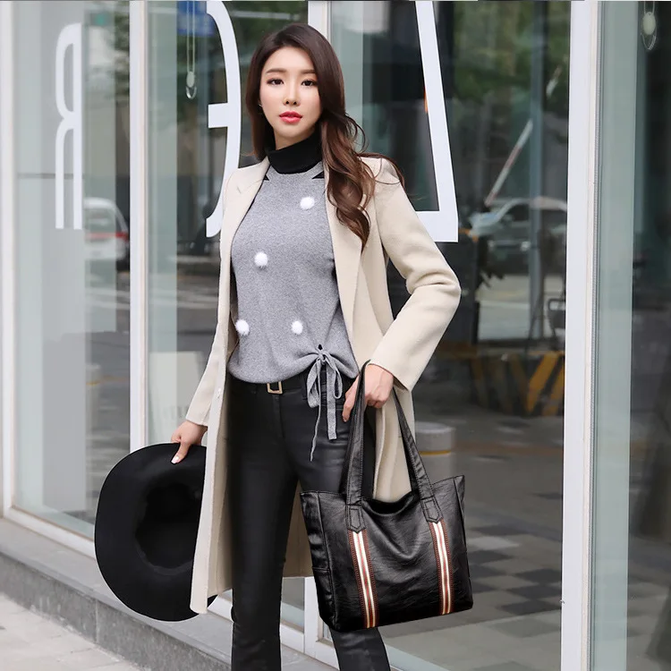 

PI leather patchwork canvas women's single-shoulder bag, large-capacity handbag, color-blocking waterproof women's tote bag