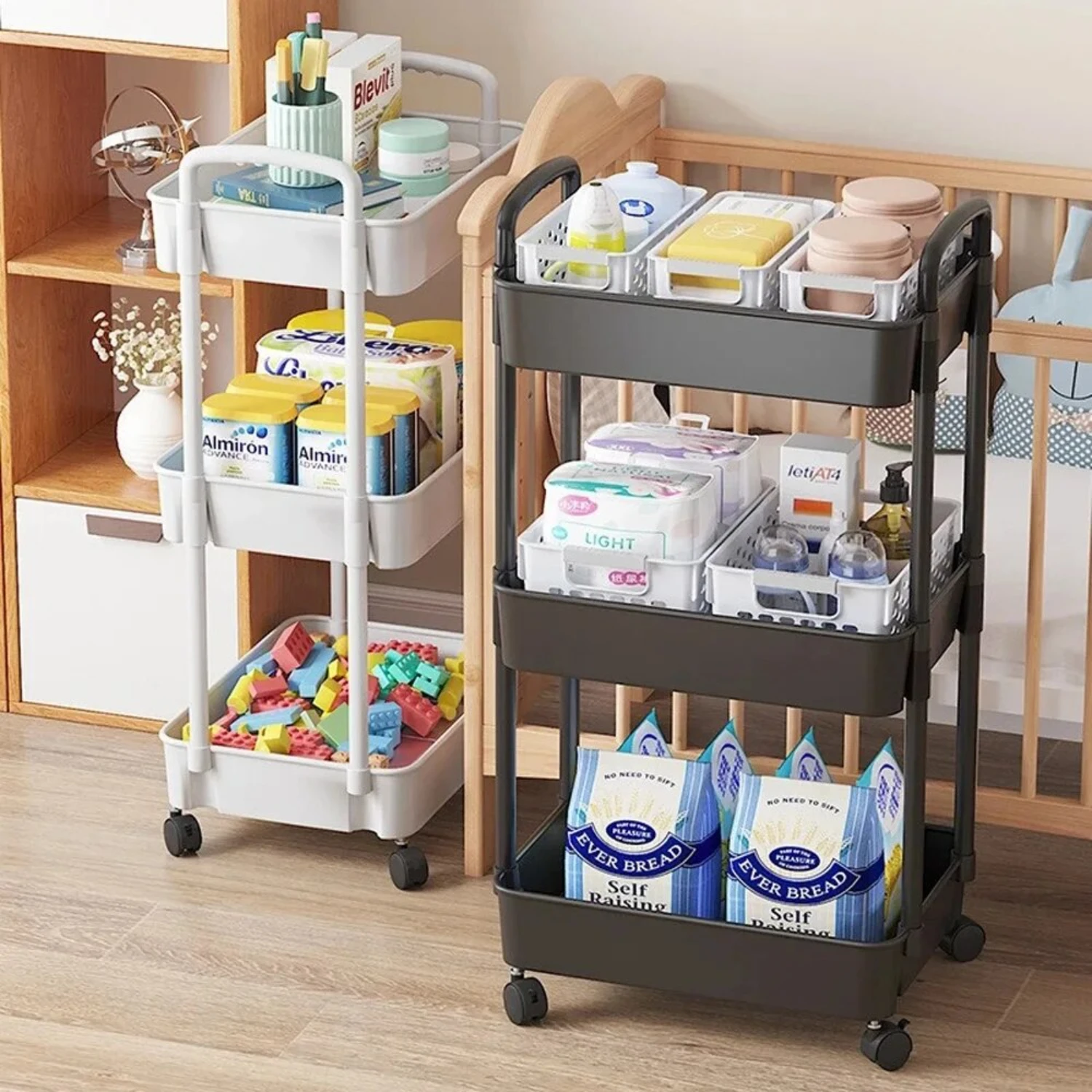 Convenient, Efficient, and Stylish Multi-storey Mobile Rack Trolley with Wheels for Kitchen, Bathroom, and Bedroom - Ideal Snack