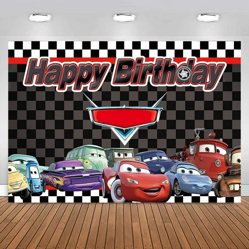 Car Racing for Children Boys Birthday Party Cartoon Car Story Black White Grid Flag Background for Photography Decoration Banner