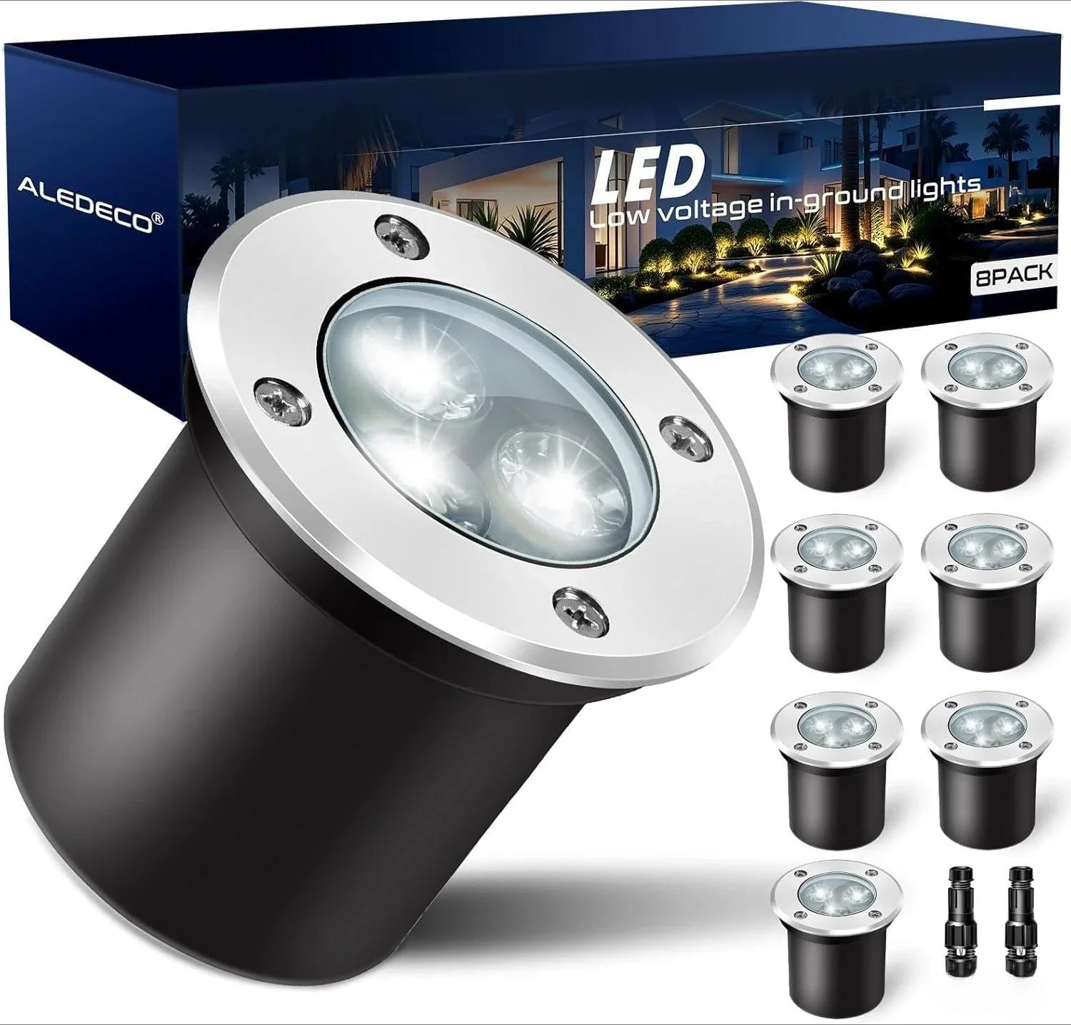 8Pack Low Voltage Landscape Lights 3W7W12W15W LED 12-24V In-Ground Lighting IP67 Waterproof Decorative Lights for Yard Pathway