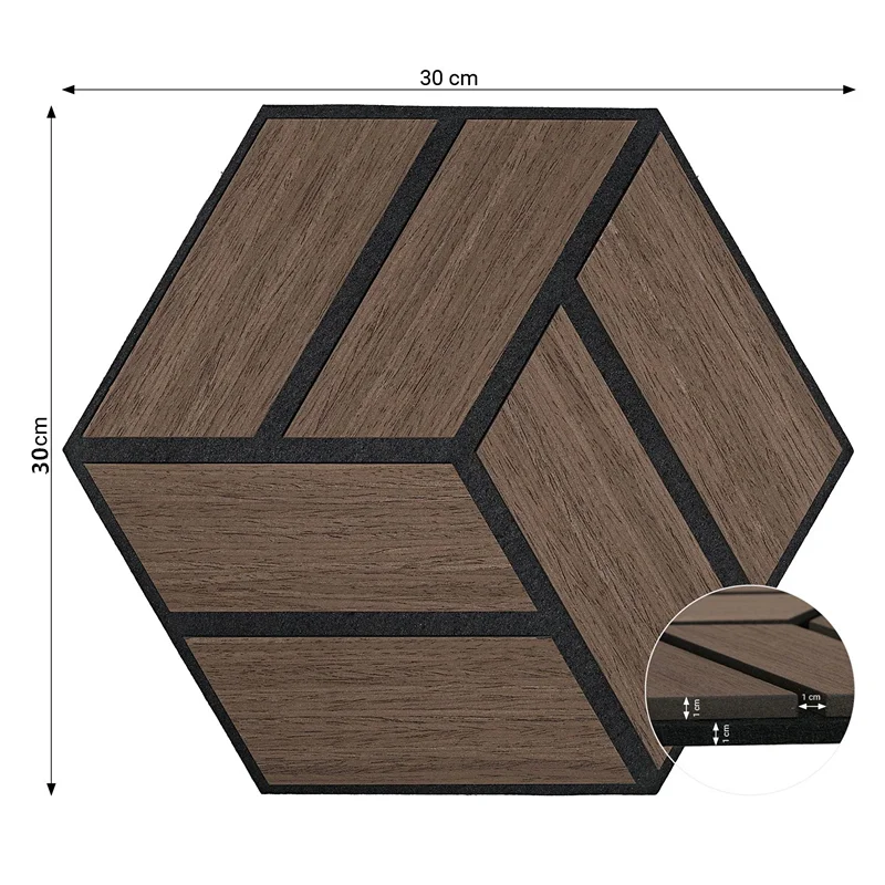 Acoustic Slat Wall Foam Panels Hexagon 3D Wood Grain High Density for Home Sound Absorbing Panels Sound Studio Treatment Tiles