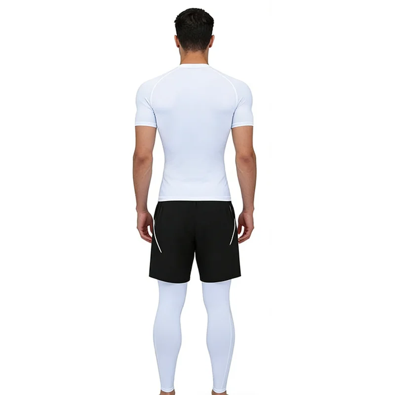 2025 جديد الأبيض الرجال قميص ضيق ضيق ، السراويل المرنة عادية تنوعا رياضة الجري تنفس التجفيف السريع الرجال ثلاث قطع مجموعة