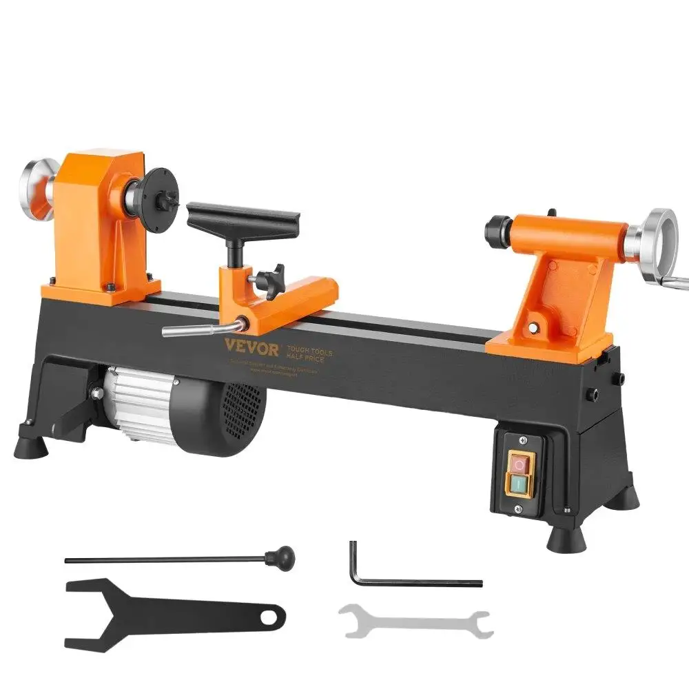 

Benchtop Wood Lathe 10 in x 18 in 0.5 HP 370W 5 Variable Speeds with Rod Injection Wrenches Faceplate Foot Pads