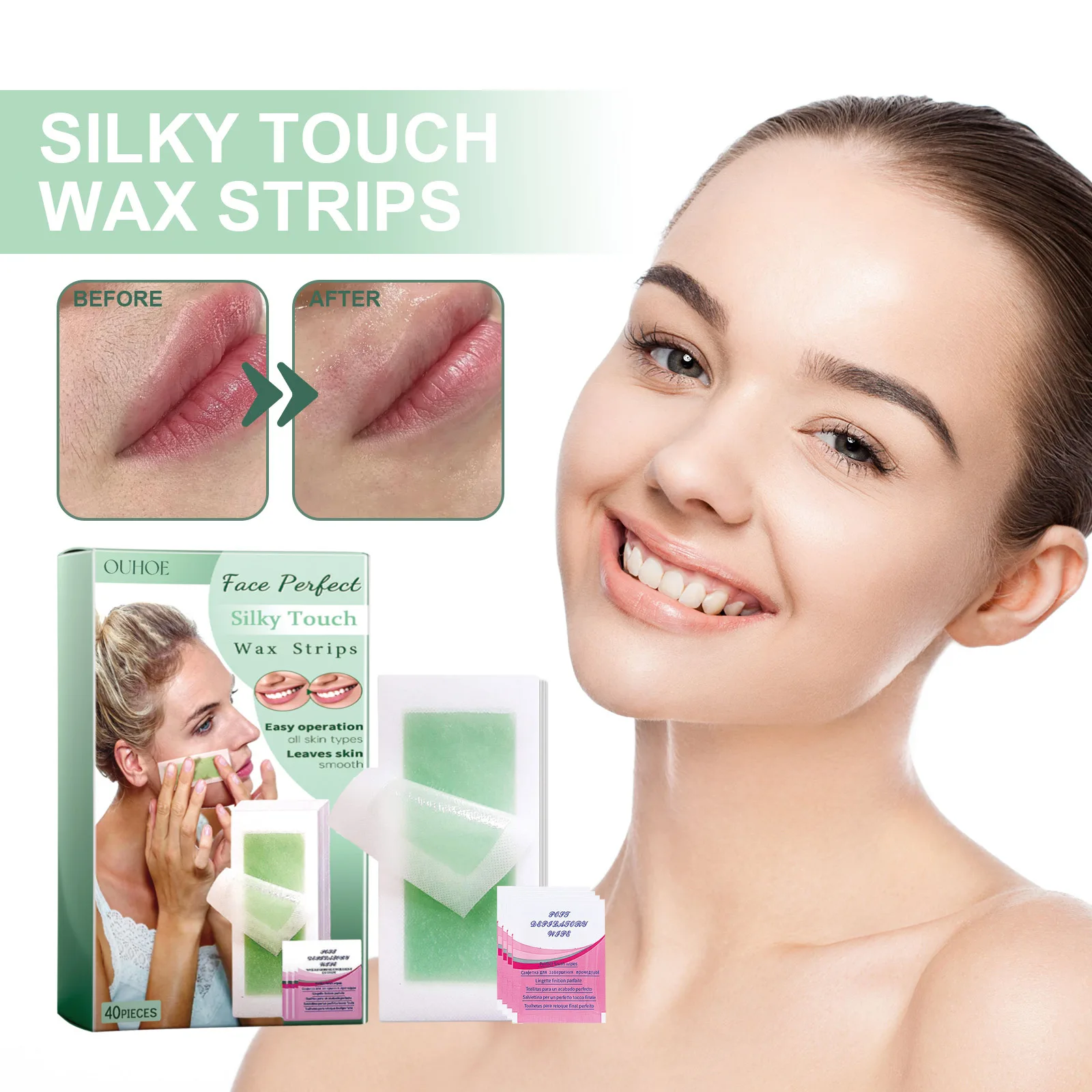 40Pcs Wax Strips Skily Tough Face Lips Mild Non Irritating Smooth Hair Removal Product For Women