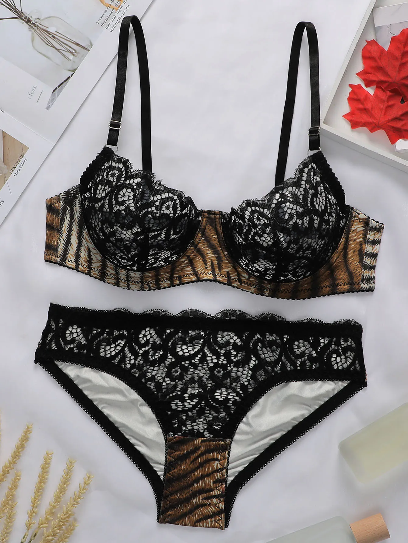 Sexy BH-Set für Damen, 2-teiliges Spitzen-Dessous-Set mit Leopardenmuster, europäischer und amerikanischer heißer Modestil A3135