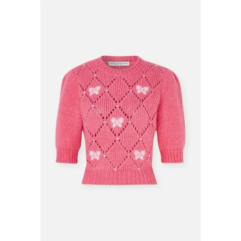 Pink Diamonds Argyle Knit Sweater Women Vintage Elegant Chic Ladies Tops Half Sleeve O-neck Butterfly Embroidered Jumper 2024