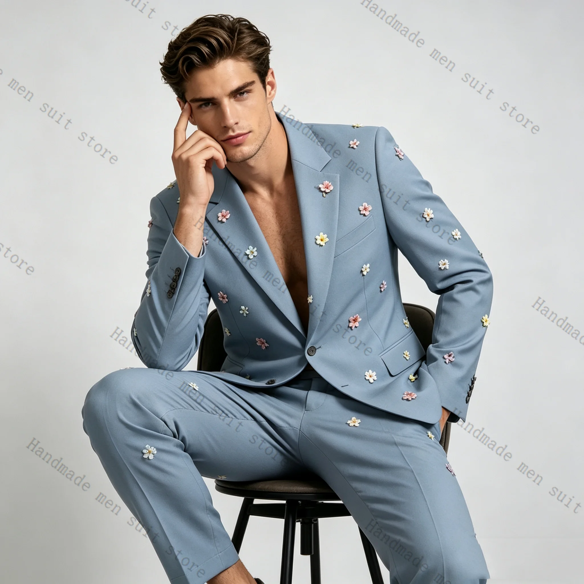 Light Blue Men Suit Set 2 Piece Blazer+Pants 3D Flower Cotton Prom Wedding Tuxedos Coat Customized Formal Office Fashion Jacket