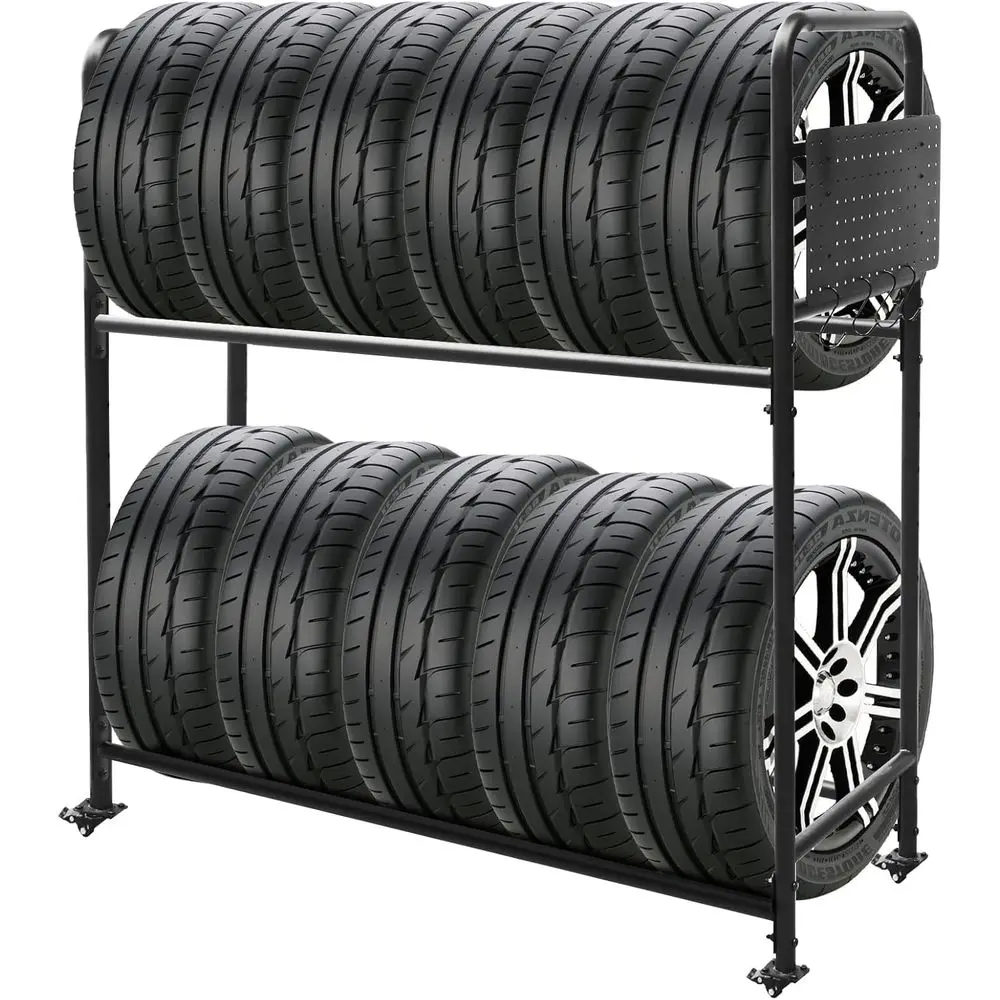 

Adjustable Rolling Tire Rack, Heavy-Duty Tire Storage Rack for Garage, with 4 Self-Locking Casters, Foldable Hole Board, 59 H ×