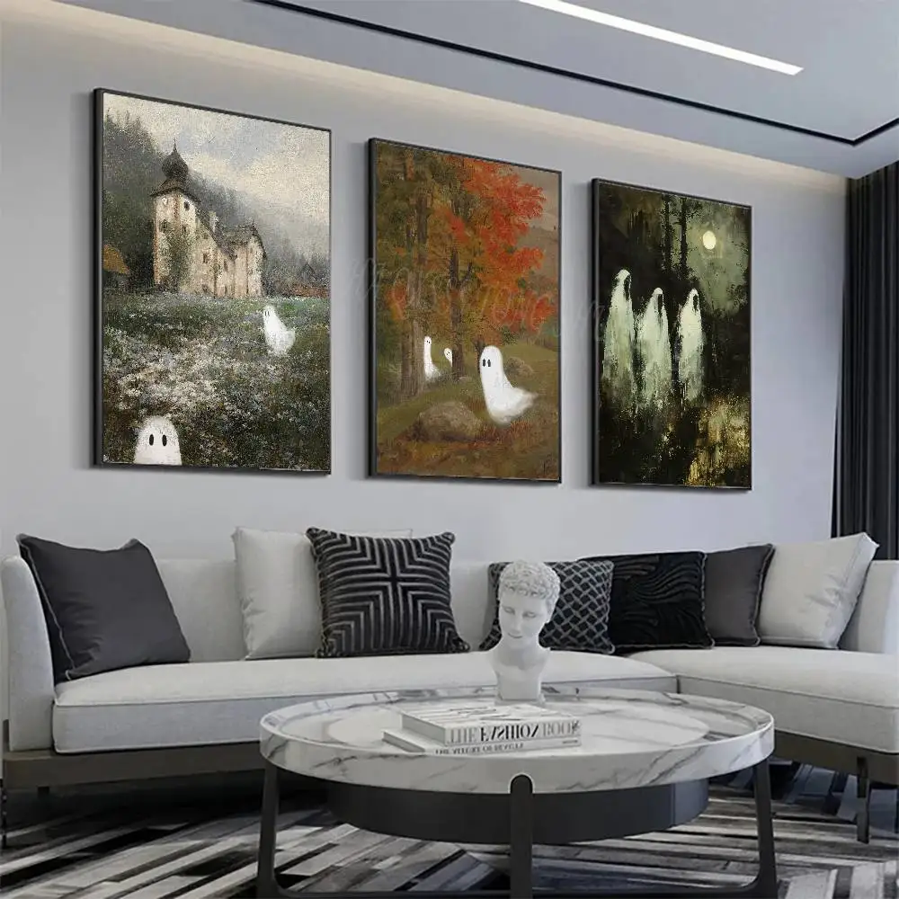 Cute Ghost In Scenery Vintage Spooky Posters Living Room Bar Cafe Quality Canvas Vintage Style Comics Painting Art Home Wall Dec