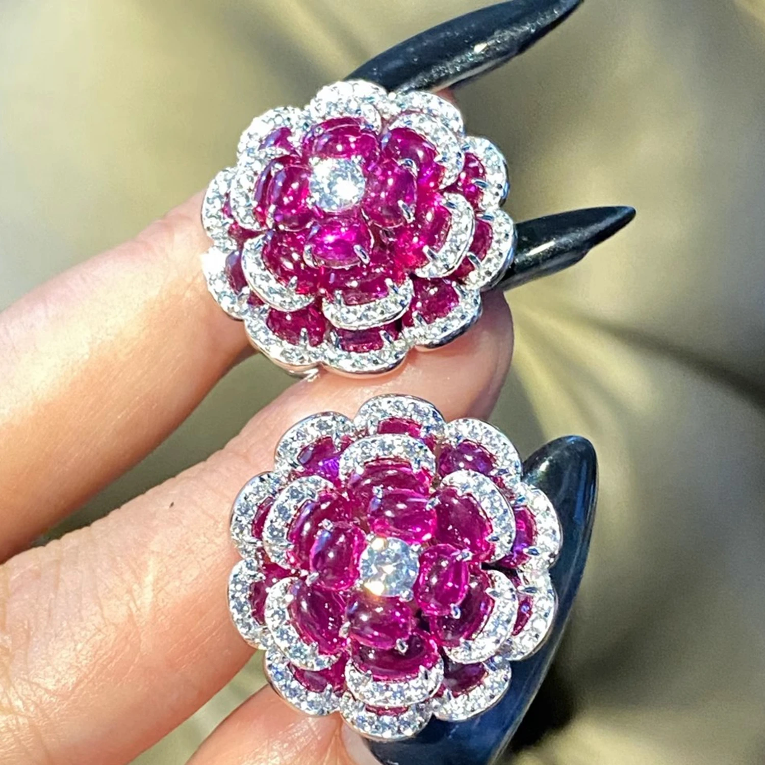 KQDANCE Synthetic Big Smooth Oval Egg Cut Red Ruby Gemstone Lotus Rose Flower Earrings Silver 925 Luxury Designer Jewelry