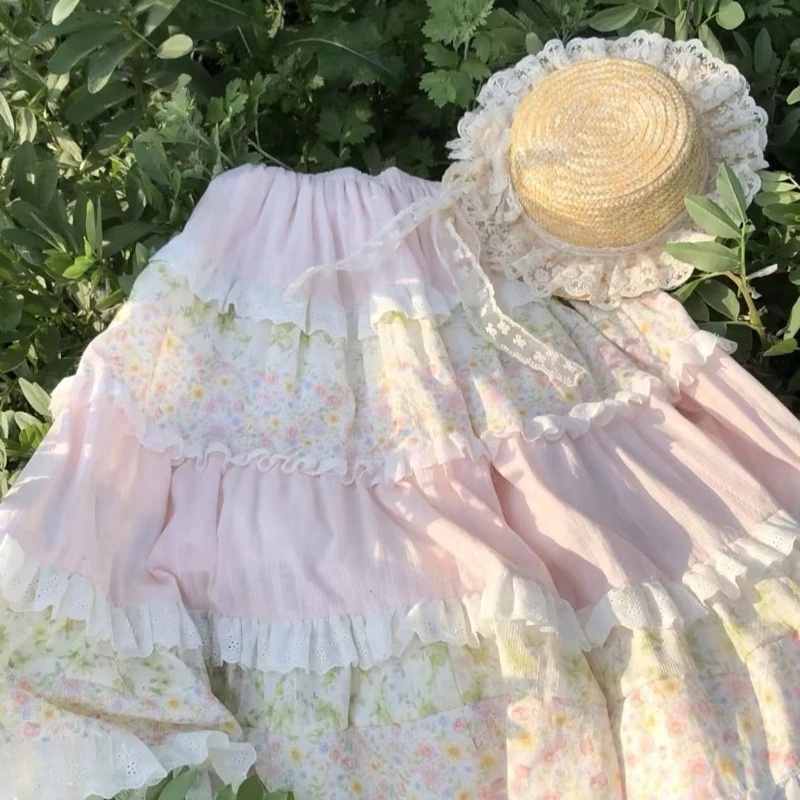 Französischer Rosa Blumenmuster-Tüllrock für Damen, Ästhetischer Eleganter Märchenhafter Niedlicher Halblanger Rock mit Spitzenbesatz, Neuer Retro Langer Rock für den Sommer