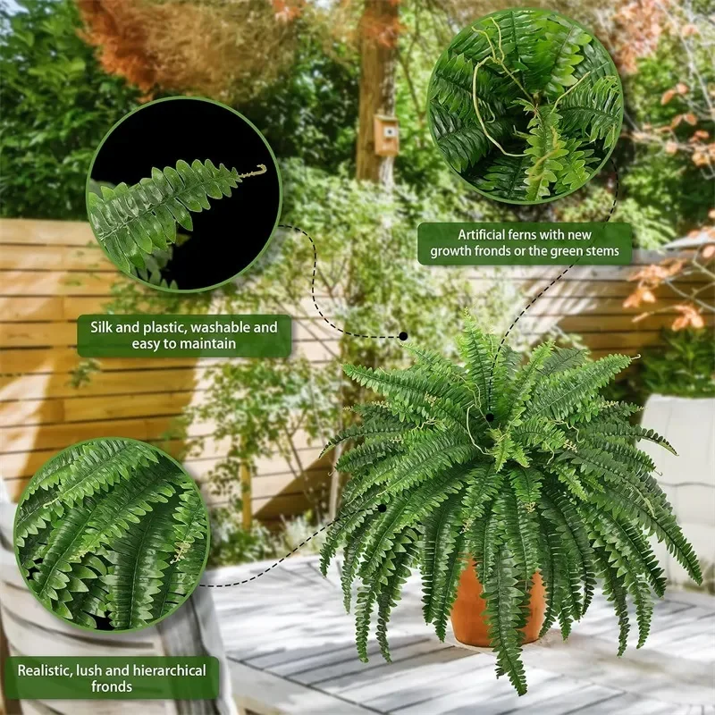 Artificial Boston Fern with 88 Leaves Green Plant Fake Foliage for Home Office Decor Realistic Hanging Vine Wall Decoration