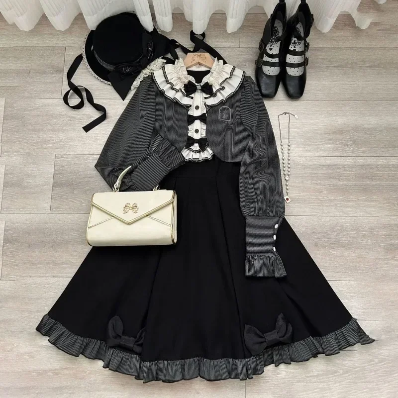 Vestido Lolita de manga comprida para mulheres, renda emendada, laço, vestidos doces, roupa de empregada, terno de duas peças, Halloween, outono, inverno, 2023